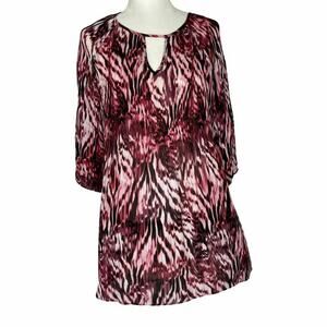 Roaman's Textured Red Pink Blouse Round Neck Keyhole Design Size 14W